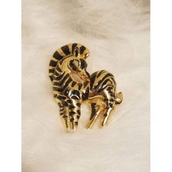 Pink Zebra Jewelry - Zebra brooch Pendant gold and black with rhinestone eye.